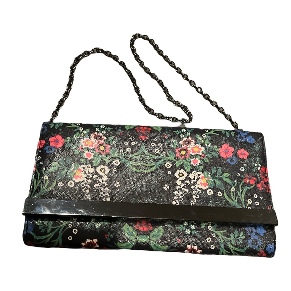 Steve Madden Crossbody Envelope Clutch‎ Black Bag Floral Zipper Chain Strap